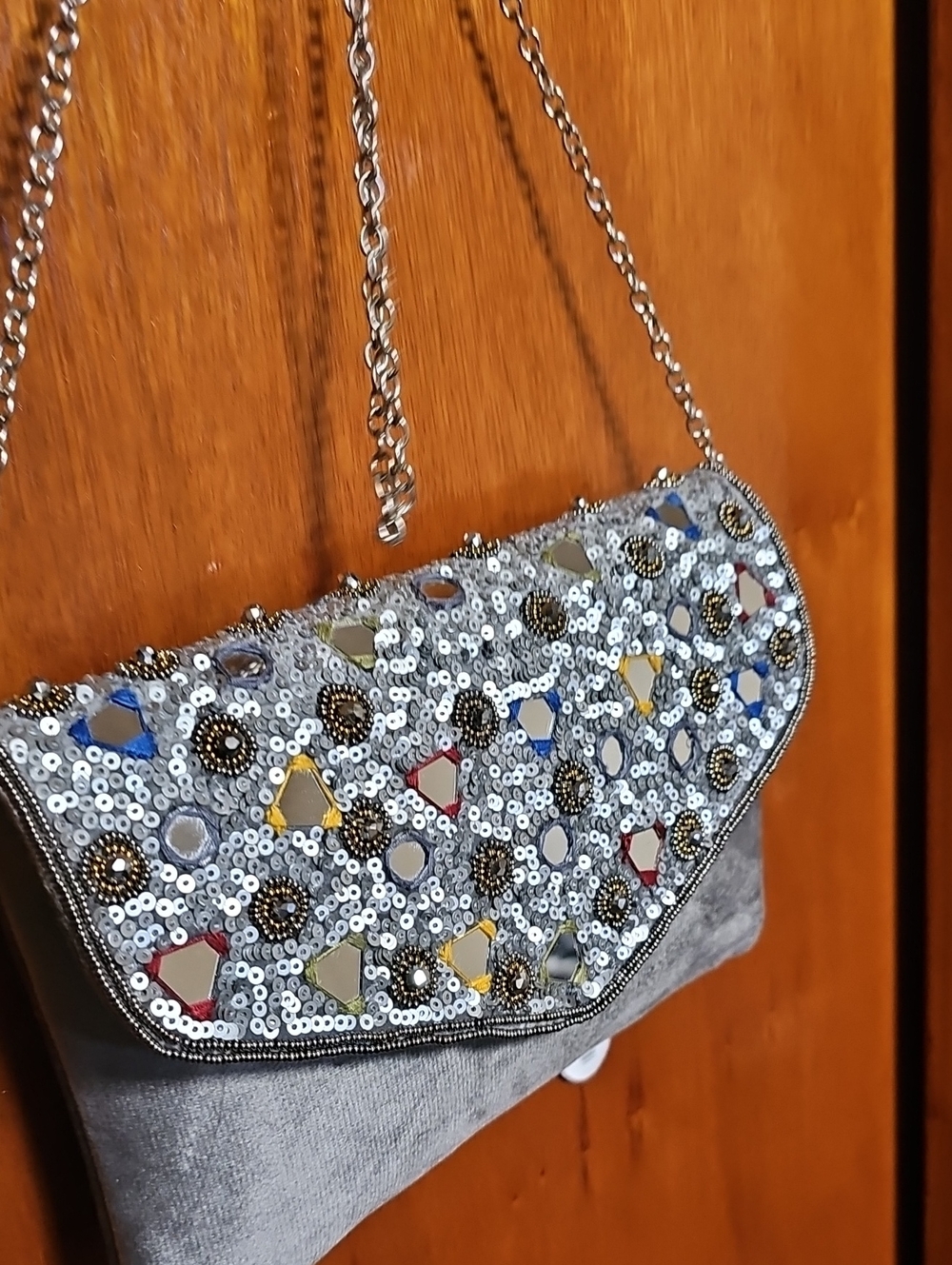 Embellished Silver Sequin Crossbody Clutch
